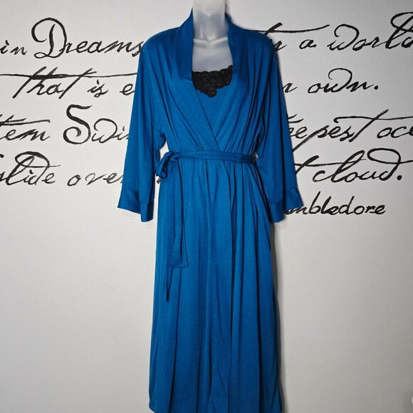 Natori Slinky Long Nightgown With Lace and Robe Set, Peignoir Set, Deep Teal M/L - Picture 2 of 12